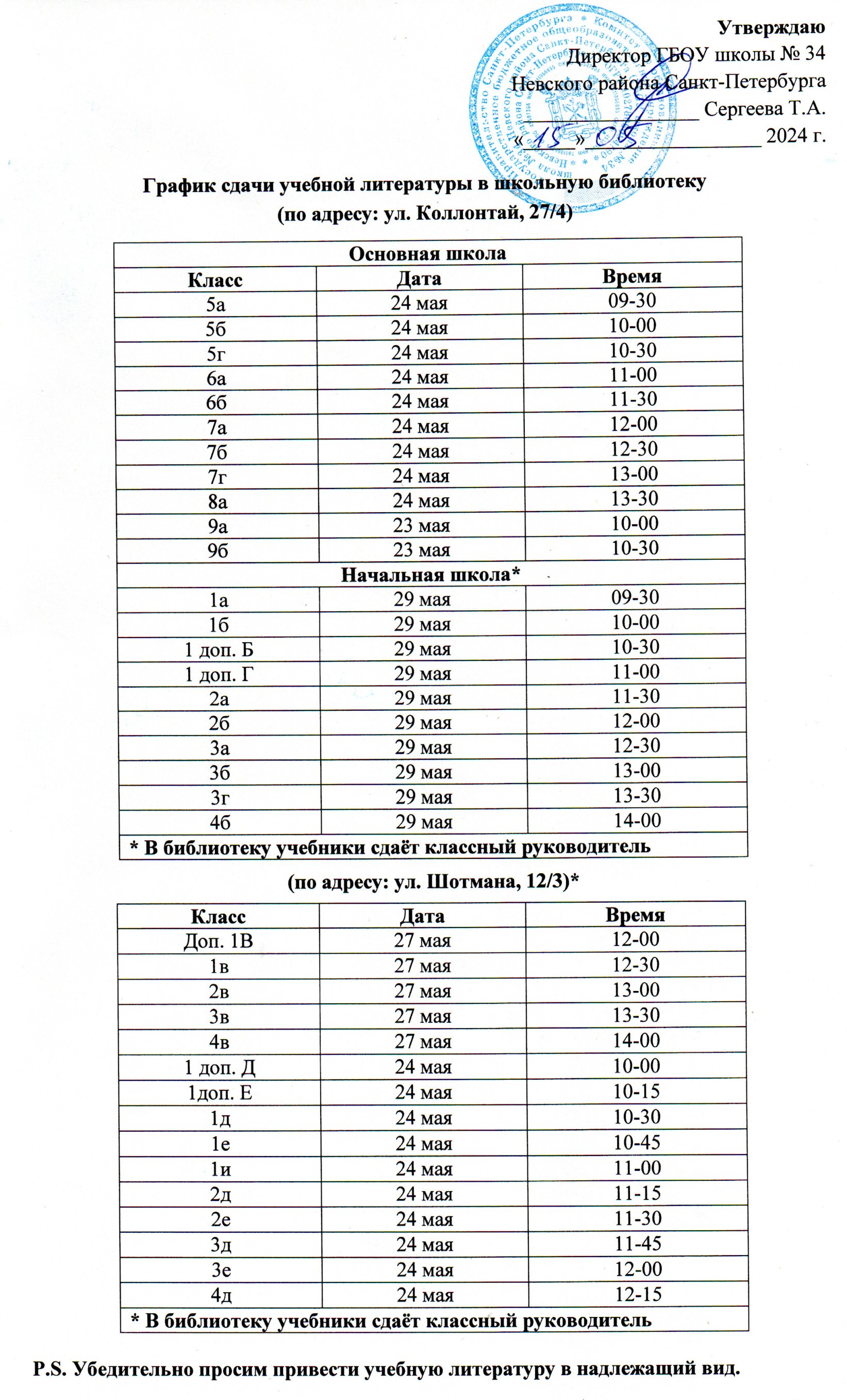 Государственное бюджетное общеобразовательное учреждение школа № 34  Невского района Санкт-Петербурга - График сдачи учебной литературы